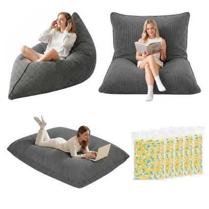 Artiss 3-in-1 Corduroy Bean Bag Chair Convertible Sofa Floor Cushion Memory Foam Filling 11kg Grey 180x140cm