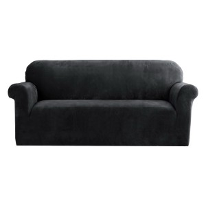 Artiss Velvet Sofa Cover, 3-Seater, Black - Stretchable, Anti-Slip, Machine Washable for All-Around Protection