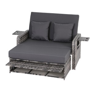 Gardeon Grey Outdoor Day Bed: 4-in-1 Wicker Lounger with Adjustable Backrest, Retractable Trays, and Storage Ottoman