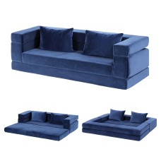 Artiss 3-in-1 Convertible Sofa Bed - Velvet, High-Density Foam, Non-Slip Base, 300KG Capacity, Curved Couch, Blue