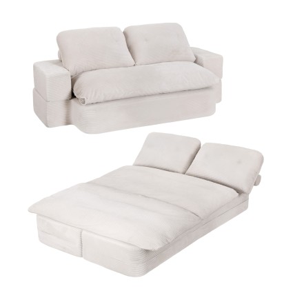 Artiss Convertible Corduroy Sofa Bed 200cm Boneless Couch, 30D High-Density Foam, Lounger with Headrests, Blanket, Beige