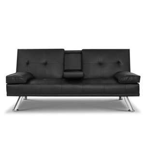 Artiss 3-Seater Sofa Bed, PU Leather, 168CM, Black, Cinema Lounge, Adjustable Recline, Space-Saving Design