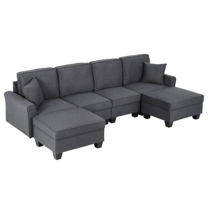 Artiss Modular U-Shaped Sectional Storage Sofa Grey Faux Linen with Movable Ottomans and Deep Seating