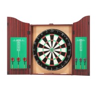 18" Sisal Dartboard and Wooden Cabinet Set with 6 Steel Darts, Rotating Score Ring, Staple-Free Divider, Brown