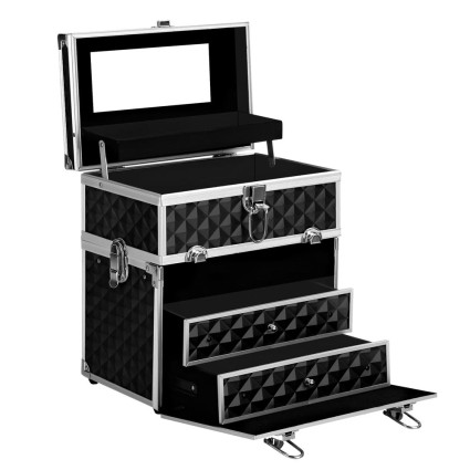 Embellir Portable Cosmetic Beauty Makeup Carry Case, Aluminum, 28x17.5x31cm, Diamond Black, with Mirror and Trays