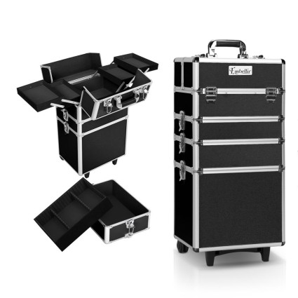 Embellir Makeup Case Beauty Trolley, Aluminum, 35x25x75cm, Black, 7 in 1 Portable Cosmetic Organizer with Wheels