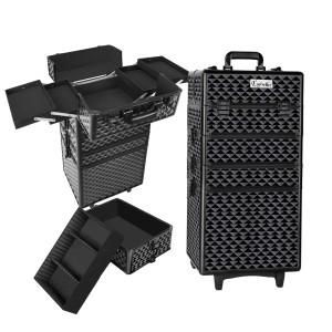 Embellir Makeup Trolley, Aluminium, 35x25x75cm, Diamond Black, Portable Beauty Case with Wheels, 4-in-1 Organizer Box