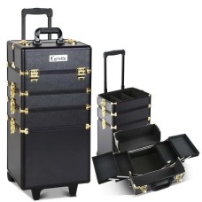 Embellir Makeup Case Beauty Trolley, Aluminum, 35x25x75cm, Gold & Black, 7-in-1 Cosmetic Organizer with Wheels