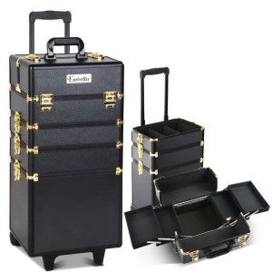 Embellir Makeup Case Beauty Trolley, Aluminum, 35x25x75cm, Gold & Black, 7-in-1 Cosmetic Organizer with Wheels