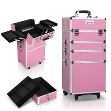 Embellir Makeup Case Beauty Trolley, Aluminium Frame, 35x25x75cm, Pink, 7-in-1 Portable Cosmetic Organiser with Wheels