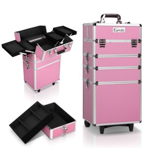 Embellir Makeup Case Beauty Trolley, Aluminium Frame, 35x25x75cm, Pink, 7-in-1 Portable Cosmetic Organiser with Wheels