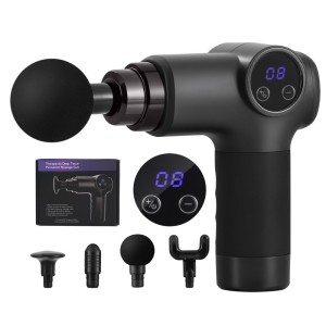 Everfit Massage Gun 8-Speed, 4 Heads, Rechargeable, Quiet Vibration Muscle Massager with LCD, Black, 2-Hour Runtime