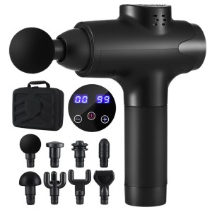 Everfit 30-Speed Black Massage Gun with 8 Heads, Quiet Brushless Motor, 3-Hour Battery, LCD Touch Display, USB Charging