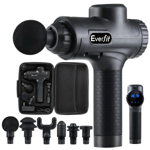 Everfit Massage Gun 30 Speed 6 Heads, 20V Brushless Motor, 4000RPM, Rechargeable, Deep Tissue, Black, LCD