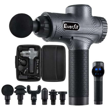 Everfit Massage Gun 30 Speed 6 Heads, 20V Quiet Brushless Motor, 12mm Deep Tissue Vibration, Rechargeable, Grey