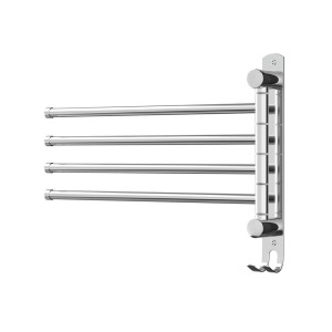 Devanti 4 Bar Stainless Steel Towel Rail Rack Holder, Wall Mounted Swivel Design with Hook, 36x25cm, Rust-Resistant