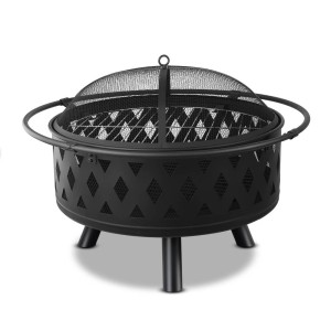 Grillz 2-in-1 Fire Pit BBQ Grill, Steel, 82cm, Black, All-Season Outdoor Table with Safety Ring and Accessories