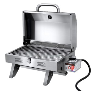 Grillz Portable Gas BBQ Grill, Stainless Steel, 12,000 BTU, Foldable, Integrated Thermometer, Easy Clean, AGA Certified