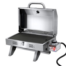 Grillz Portable Gas BBQ Grill, Stainless Steel, 12,000 BTU, Foldable Design, Double-Sided Plate, Easy Clean, 46.5x28.