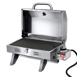 Grillz Portable Gas BBQ Grill, Stainless Steel, 12,000 BTU, Foldable Design, Double-Sided Plate, Easy Clean, 46.5x28.