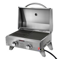 Grillz Portable Gas BBQ Grill, Stainless Steel, 2 Burners, 52x33cm Cooking Area, Foldable Design, Easy Clean