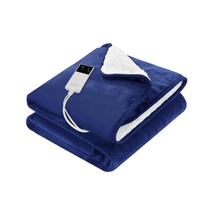 Giselle Bedding Electric Heated Throw Rug - Flannel & Sherpa, 10 Temp Settings, Washable, 160x130cm, Navy