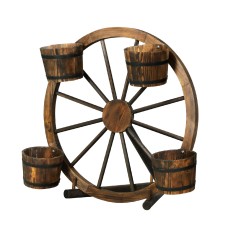 Gardeon 80cm Wooden Wagon Wheel Garden Decor Plant Stand - Rustic Fir Wood with Buckets, Weatherproof & Durable Gardeon 80cm Wooden Wagon Wheel Garden Decor Plant Stand - Rustic Fir Wood with Buckets, Weatherproof & Durable
