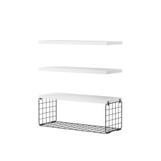 Artiss White Floating Wall Shelf Set of 3 with Metal Basket, Solid Paulownia Wood, Space-Saving Design, Easy Assembly