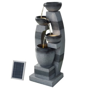 Gardeon 3-Tier Solar Fountain, Grey Polyresin, 90cm, Indoor/Outdoor, LED Lit, 350L/h Flow, Solar-Powered with Battery