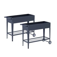 Green Fingers Raised Garden Bed x2, 100x40x80cm Galvanised Steel Planter Box with Wheels, Storage Shelf, Elevated Design