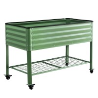 Green Fingers Mobile Elevated Garden Bed Kit, Galvanised Steel, 115x60x81cm, Locking Wheels, Storage Shelf, 100KG Load