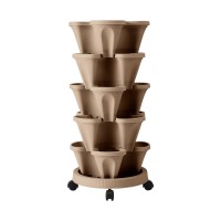 Green Fingers 5-Tier Stackable Vertical Garden Bed – Tan, 35x35x75cm, Movable Casters, Auto Drainage, Indoor/Outdoor