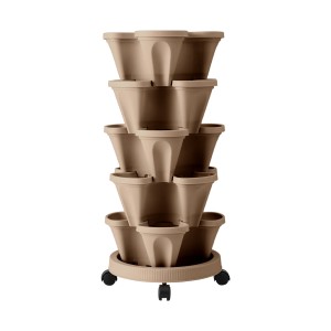 Green Fingers 5-Tier Stackable Vertical Garden Bed – Tan, 35x35x75cm, Movable Casters, Auto Drainage, Indoor/Outdoor