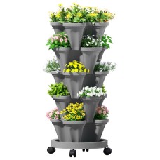 Green Fingers 5 Tier Vertical Garden Bed - Stackable Grey Planters with Auto Drainage for Herbs, Flowers & Strawberries