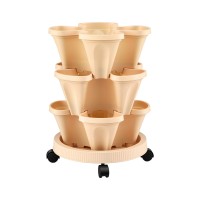 Green Fingers 3 Tier Stackable Vertical Planter Tower with Wheels Beige Self Watering Strawberry Pot