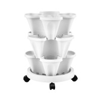 Green Fingers 3 Tier Stackable Vertical Planter Tower with Wheels White Self Watering Strawberry Pot for Indoor Outdoor