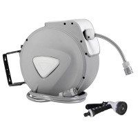 Green Fingers 10M Retractable Water Hose Reel with Auto Rewind, 9-Setting Spray Gun, UV-Resistant PVC, 180° Swivel Mount