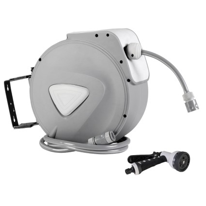 Green Fingers 10M Retractable Water Hose Reel with Auto Rewind, 9-Setting Spray Gun, UV-Resistant PVC, 180° Swivel Mount