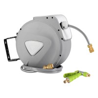 Green Fingers 20M Retractable Water Hose Reel with Auto Rewind, UV-Resistant PVC, 180° Swivel Mount & Brass Spray Gun