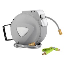 Green Fingers 20M Retractable Water Hose Reel with Auto Rewind, UV-Resistant PVC, 180° Swivel Mount & Brass Spray Gun