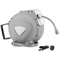 Green Fingers 20M Retractable Water Hose Reel with Auto Rewind, UV-Resistant PVC, 9-Setting Spray Gun, 180° Swivel Mount