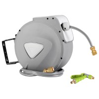 Green Fingers 30M Retractable Water Hose Reel with Auto Rewind, UV-Resistant PVC, Brass Spray Gun, and 180° Swivel Mount