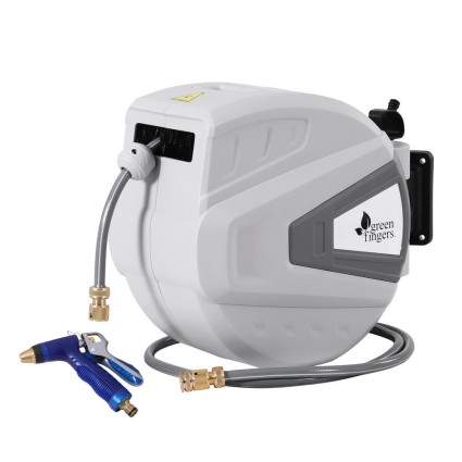 Green Fingers 30M Retractable Water Hose Reel with Auto Rewind, Wall Mount, PVC Hose, Spray Gun & UV Resistant Case