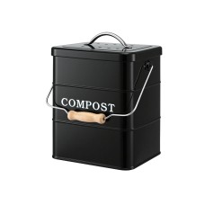 Gardeon 5L Compost Bin Kitchen Countertop Food Waste Caddy Black Ventilated Lid Wooden Handle Galvanised Iron