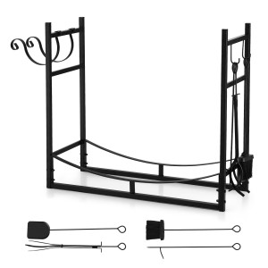 Gardeon Firewood Rack 84cm Black Iron Storage with Tools | Indoor/Outdoor Use | 180kg Capacity | Weather-Resistant