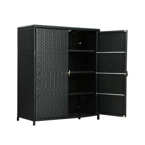 Gardeon Outdoor Wicker Storage Cabinet – Handwoven PE, Aluminium Frame, 2-in-1 Design with Glass Top, 103x84x40cm, Black