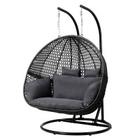 Gardeon 2-Seater Outdoor Hanging Egg Chair, Handcrafted Rattan Pod with Steel Frame, Soft Cushion, Grey, 117x117x200cm