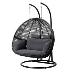 Gardeon 2-Seater Outdoor Hanging Egg Chair, Handcrafted Rattan Pod with Steel Frame, Soft Cushion, Grey, 117x117x200cm