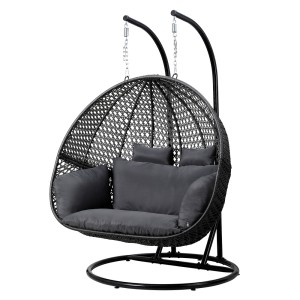 Gardeon 2-Seater Outdoor Hanging Egg Chair, Handcrafted Rattan Pod with Steel Frame, Soft Cushion, Grey, 117x117x200cm