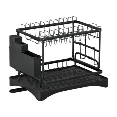 Cefito Expandable 2-Tier Dish Rack, Stainless Steel Frame, Removable Design, Black, 46x30.5x32cm, 1-Year Warranty
